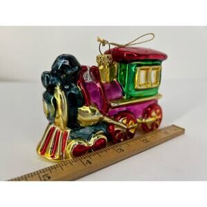 Vintage 90s Blown Glass Train Christmas Ornament 5" Red Green Pink Black Gold